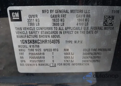 2017 Chevrolet Tahoe Lt из США, поврежденный, VIN 1GNSKBKC3HR164976